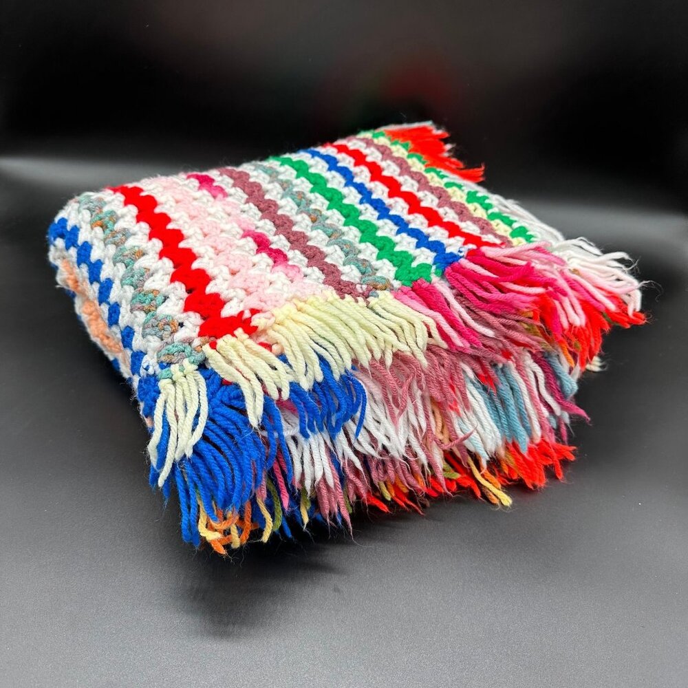 Vintage Afghan Throw Blanket Crocheted Handmade Fringe Rainbow Stripes Retro